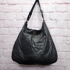 Tory Burch Dena Black Soft Leather Hobo Shoulder Handbag Distressed‎ Purse